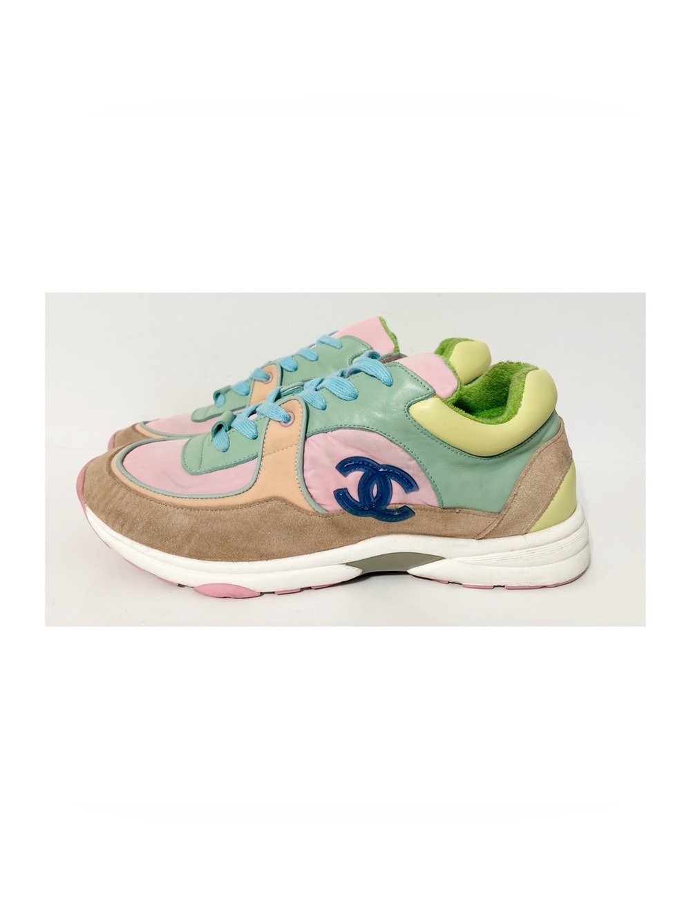Chanel Pastel Colors CC Logo Sneakers G33726 Sz 45 (US 12) Pink Green Yellow Tan